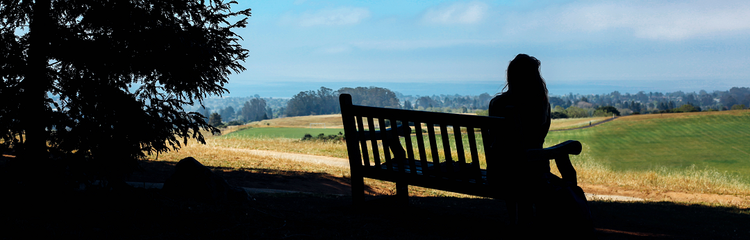 A student sits on a bench at Cowell College overlooking the East Field